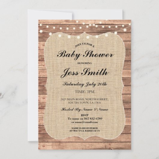 Baby shower Party Rustic Wood Burlap Invitation ba (Devant)