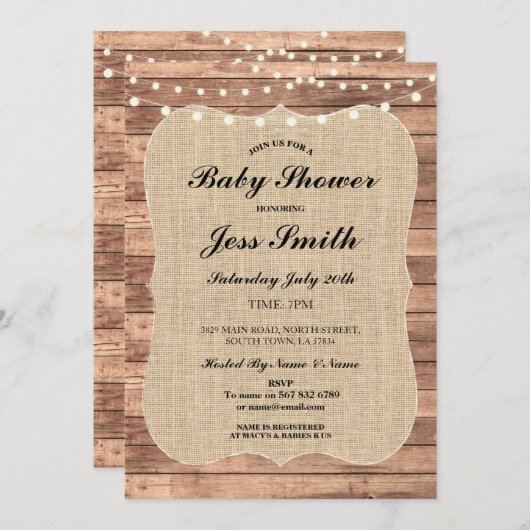 Baby shower Party Rustic Wood Burlap Invitation ba (Devant / Derrière)