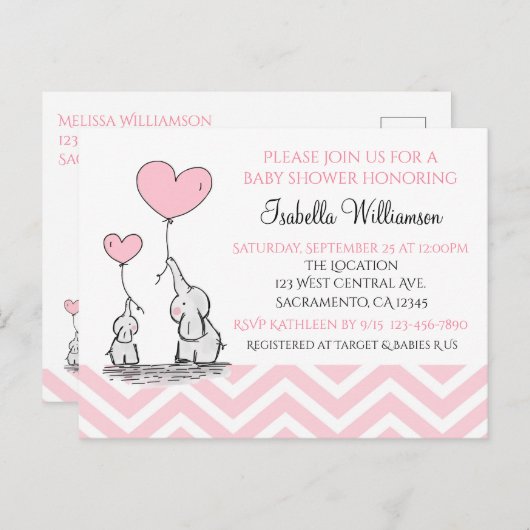 Baby Shower Pastel Baby Olifant met Hart Custom Uitnodiging Briefkaart (Voorkant / Achterkant)