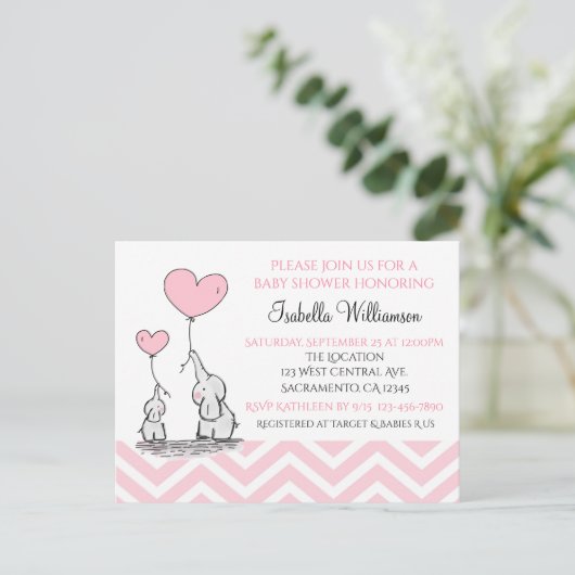 Baby Shower Pastel Baby Olifant met Hart Custom Uitnodiging Briefkaart (Staand voorkant)