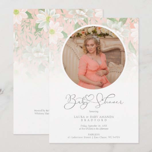 Baby Shower Peach Floral Botanical Photo (Voorkant / Achterkant)