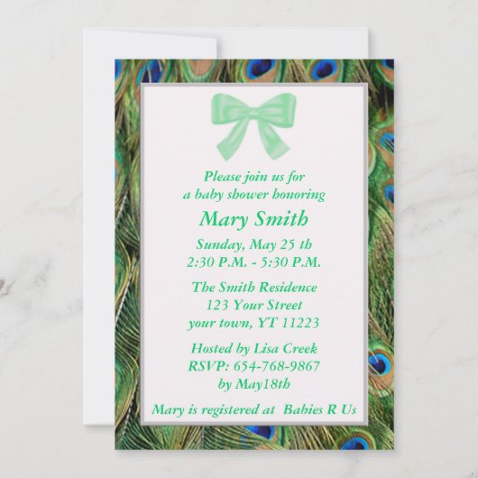 Baby shower Peacock Imprimer Bow vert Invitation (Dos)