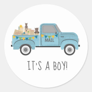 Baby shower per post  blauwe vrachtwagen ronde sticker