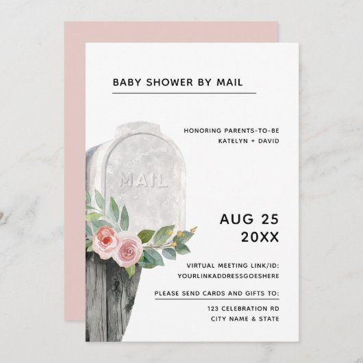 Baby shower per post Minimal Dusty Roos Floral Kaart (Voorkant / Achterkant)