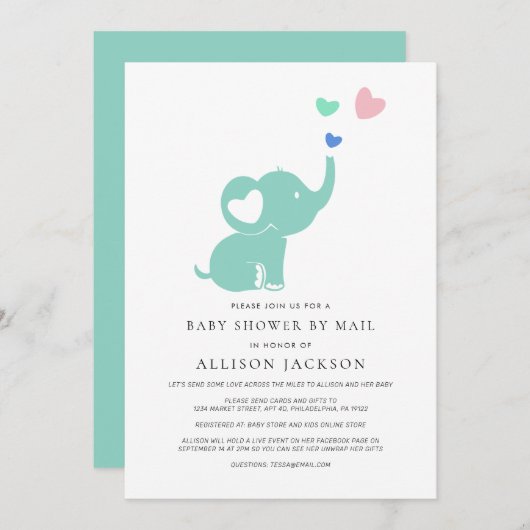 Baby shower per post Mint Green Elephant Kaart (Voorkant / Achterkant)