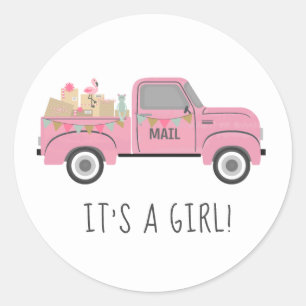 Baby shower per post  roze vrachtwagen ronde sticker