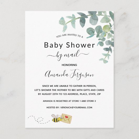 Baby shower per post witte eucalyptus greenery bee briefkaart (Voorkant)