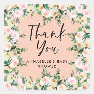 Baby shower perzik girly floral dank u vierkante sticker