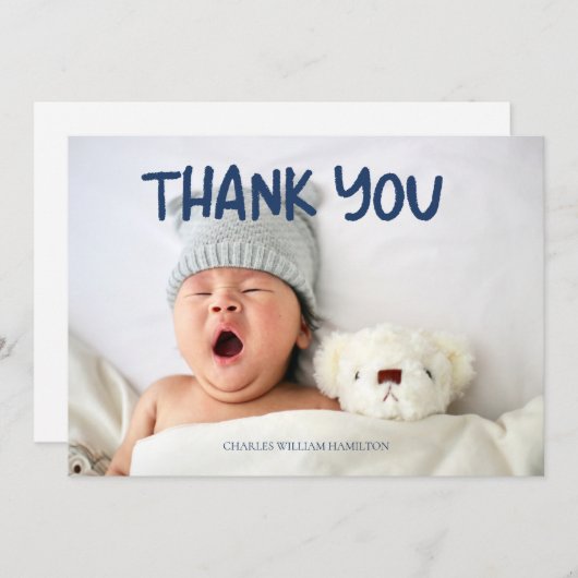 Baby shower photo bleu manuscrit Merci (Devant / Derrière)
