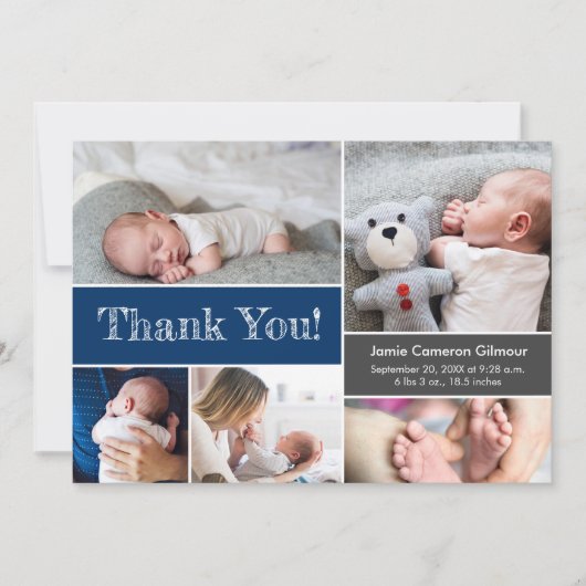 Baby shower photo moderne bleu marine Merci (Devant)