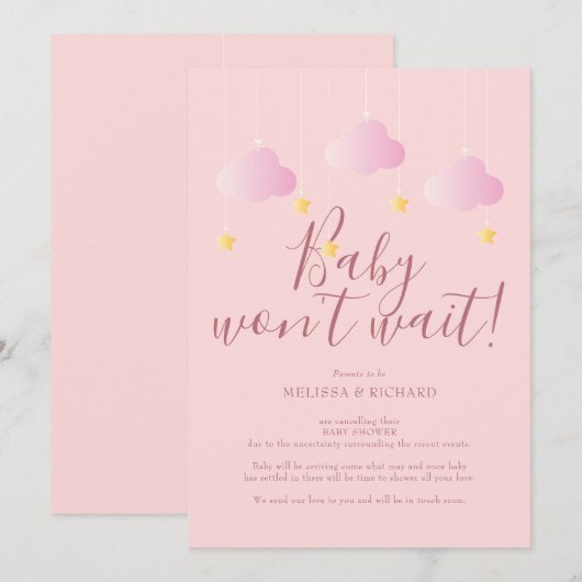 Baby shower, Pincer la carte d'annulation rose (Devant / Derrière)