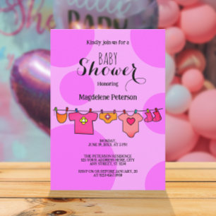 Baby shower Pink Polkadot Clothesline Invitation