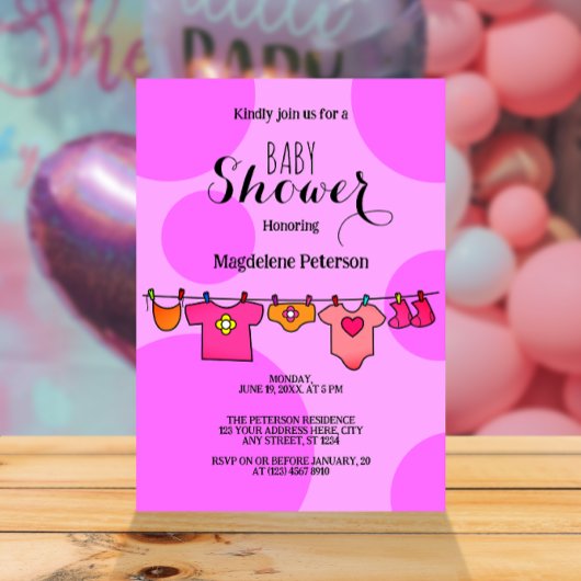 Baby shower Pink Polkadot Clothesline Invitation