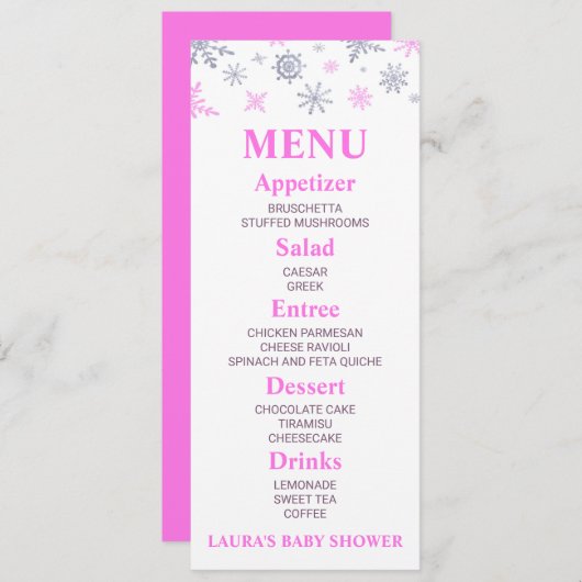 Baby shower Pink Snowflake Menu alimentaire (Devant / Derrière)