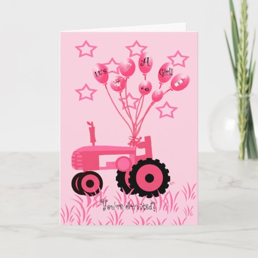 Baby shower Pink Tractor avec Ballons Invitation (Devant)