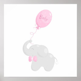 Baby shower poster met olifant en roze ballon