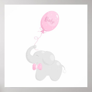 Baby shower poster met olifant en roze ballon