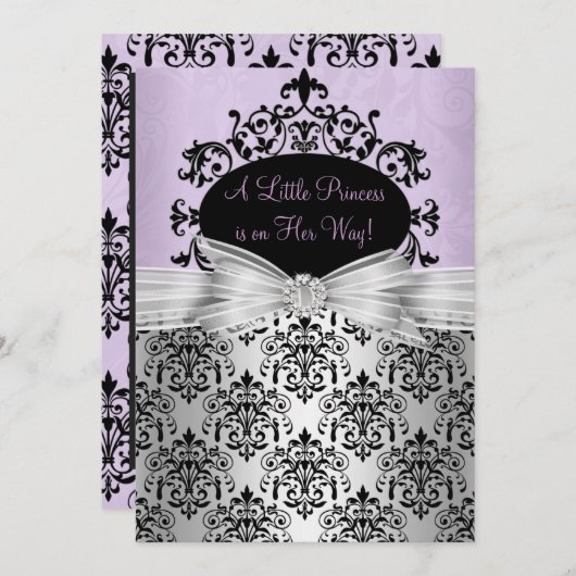 Baby shower pourpre noir Damask Invitation (Devant / Derrière)