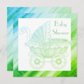 BABY SHOWER PRAM vintage INVITATION vert bleu (Devant / Derrière)