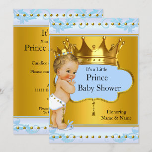 Baby shower Prince Boy Blue Gold Crown Blonde Kaart