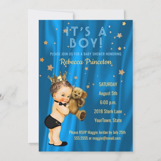 Baby shower Prince Boy Invitation Blue Gold Stars (Devant)