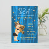 Baby shower Prince Boy Invitation Blue Gold Stars (Debout devant)