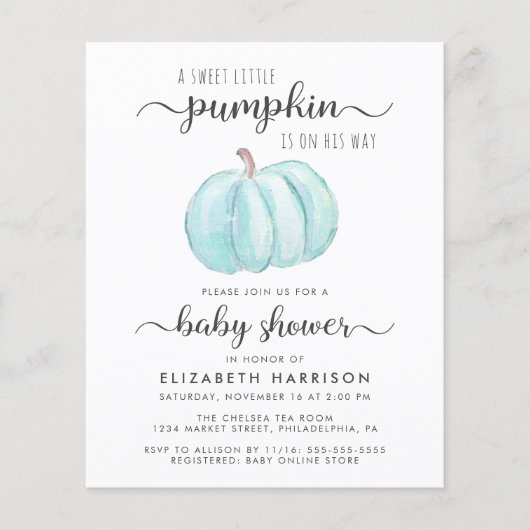 Baby shower Pumpkin Blue Waterverf Uitnodiging (Voorkant)