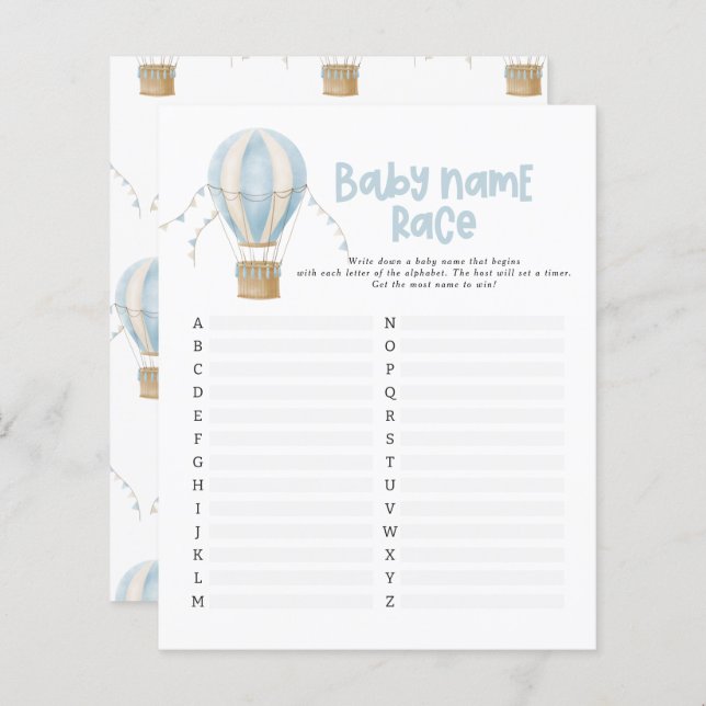 Baby shower raad de naam moderne heteluchtballon (Voorkant / Achterkant)