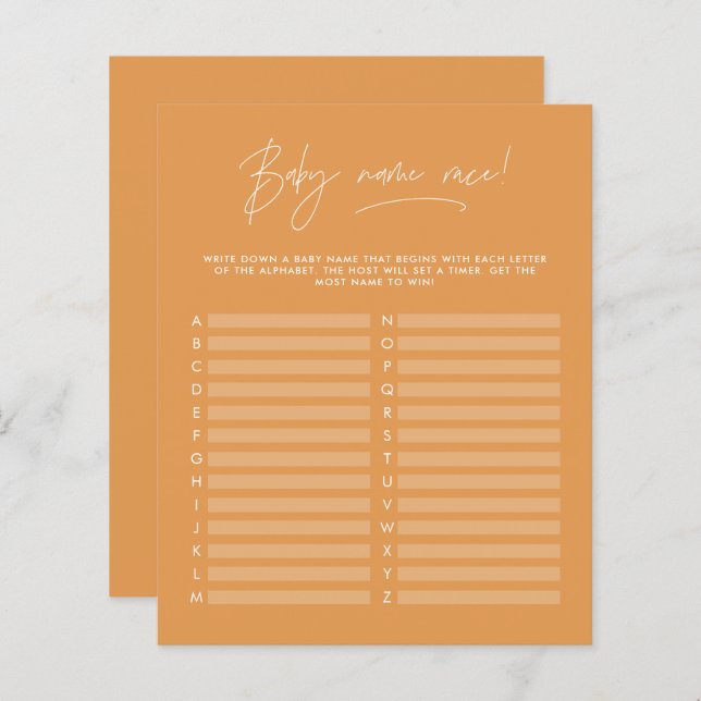 Baby shower raden de naam modern mosterd geel (Voorkant / Achterkant)