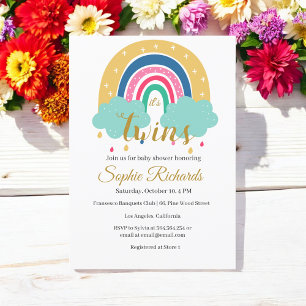 Baby shower Rainbow Twins Blauw Roze Uitnodiging