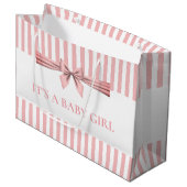 Baby shower rayé rose et blanc Grand sac cadeau (Devant Angle)