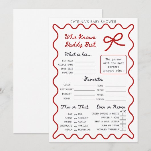 Baby shower Red Bow - Nom modifiable, invitation 5 (Devant / Derrière)