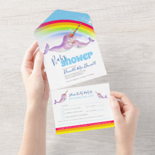 Baby shower regenboog narwallen blauwe waterverf all in one uitnodiging