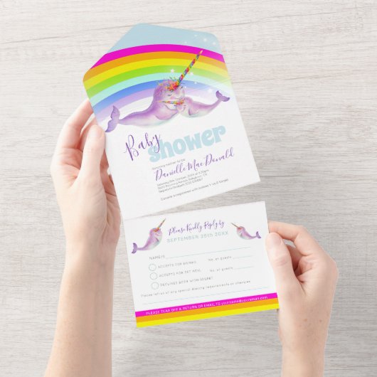 Baby shower regenboog narwhals waterverf all in one uitnodiging (Afscheurbaar)