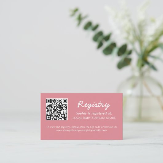 Baby shower Register QR Code Blush Roze Informatiekaartje (Staand voorkant)