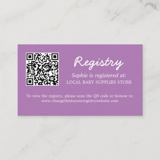 Baby shower Register QR Code Soft Paarse Informatiekaartje (Voorkant)