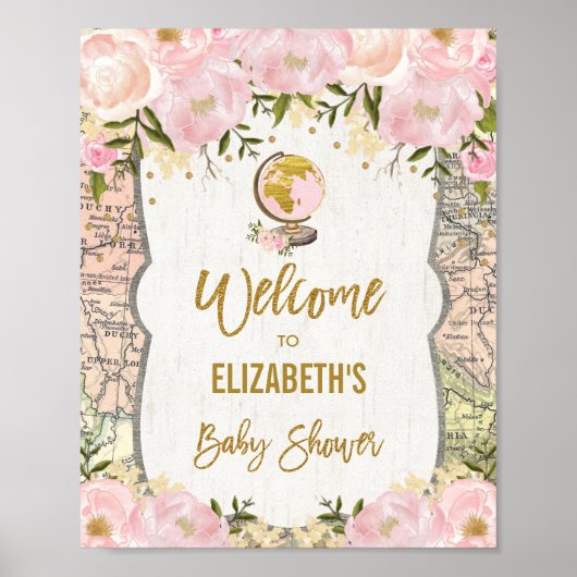 Baby shower reiskaart Roze ventilator Welkom Poster (Voorkant)