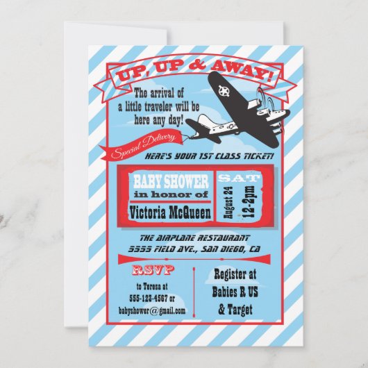 Baby shower Retro Avion avec invitation de billet (Devant)