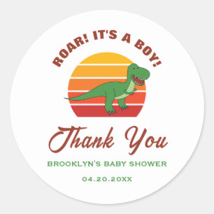 Baby Shower Retro Zonsondergang Dinosaurus Brult H Ronde Sticker