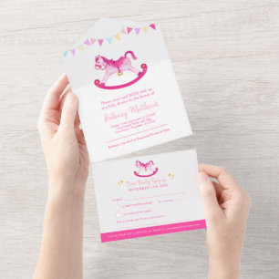 Baby shower rocking hobby paard roze waterverf al all in one uitnodiging