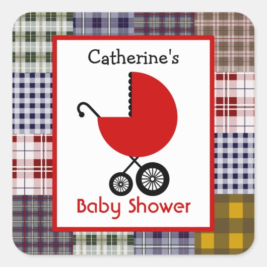 Baby shower Rode Koets & Plaid Patchwork Vierkante Sticker (Voorkant)