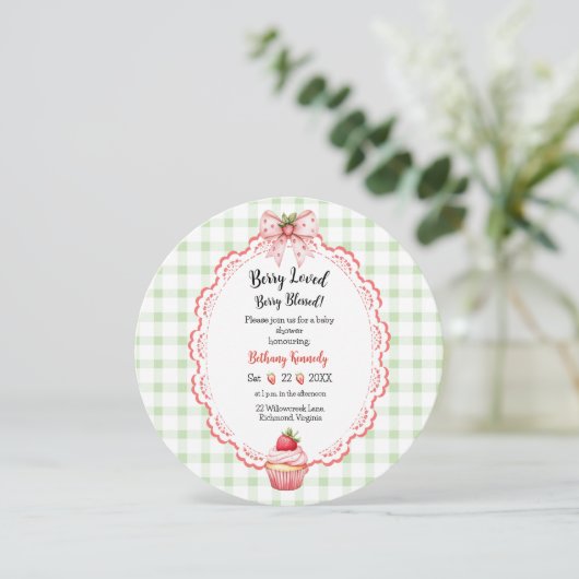 Baby shower rond Cupcake aux fraises Invitation (Debout devant)