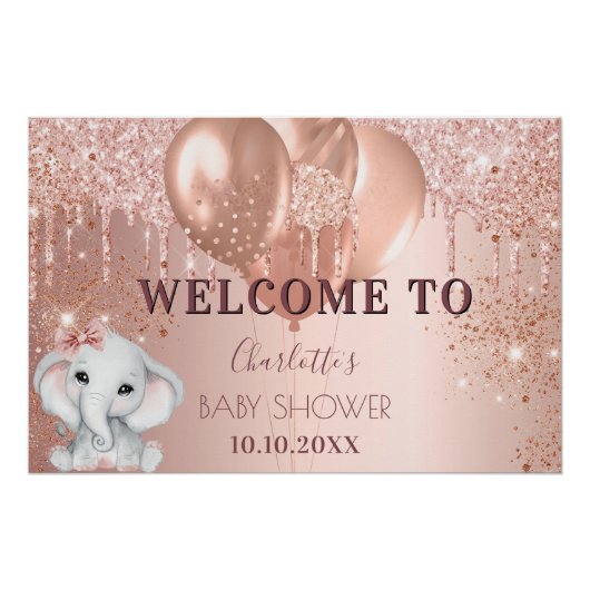 Baby shower roos goud glitter olifant meisje perfect poster (Voorkant)