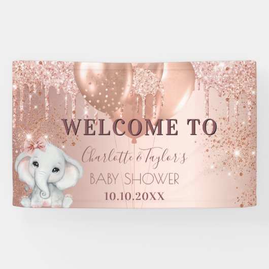 Baby shower roos goud glitter olifant meisje spandoek (Horizontaal)