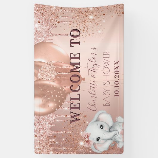 Baby shower roos goud glitter olifant meisje spandoek (Verticaal)