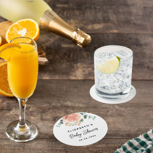 Baby shower roos goudbloemgroen ronde kartonnen onderzetter