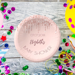 Baby shower roos gouden glitter druppels naam papieren kommen