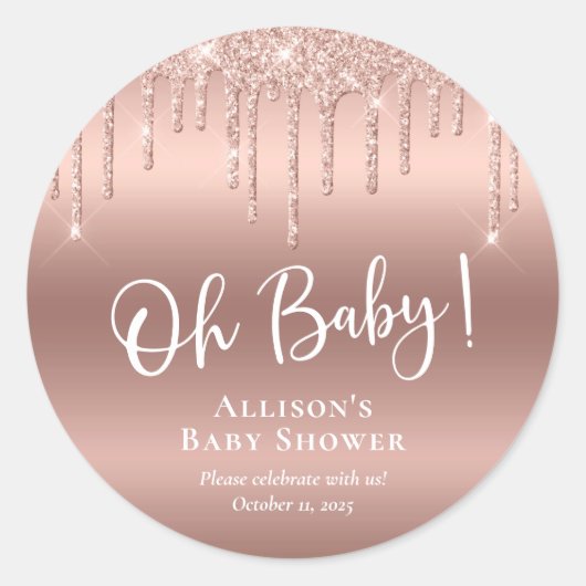 Baby shower Roos Gouden Glitter Ronde Sticker (Voorkant)