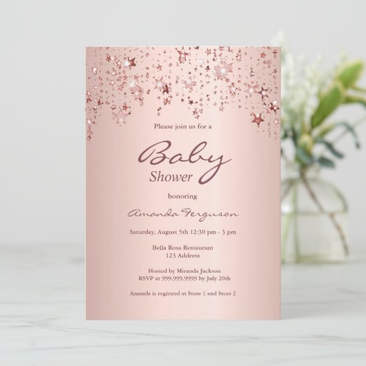 Baby shower roos gouden sterren kaart (Staand voorkant)