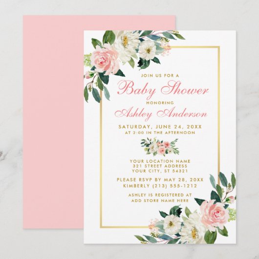 Baby shower Rose Blanc Or Floral Invitation GP (Devant / Derrière)